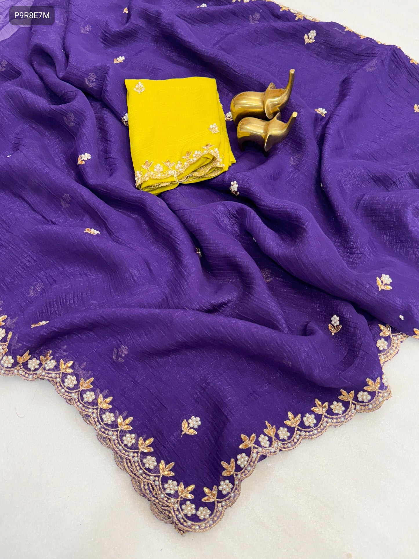 Chiffon Crush Silk Saree with Embroidery, Moti Work & Scalloped Border