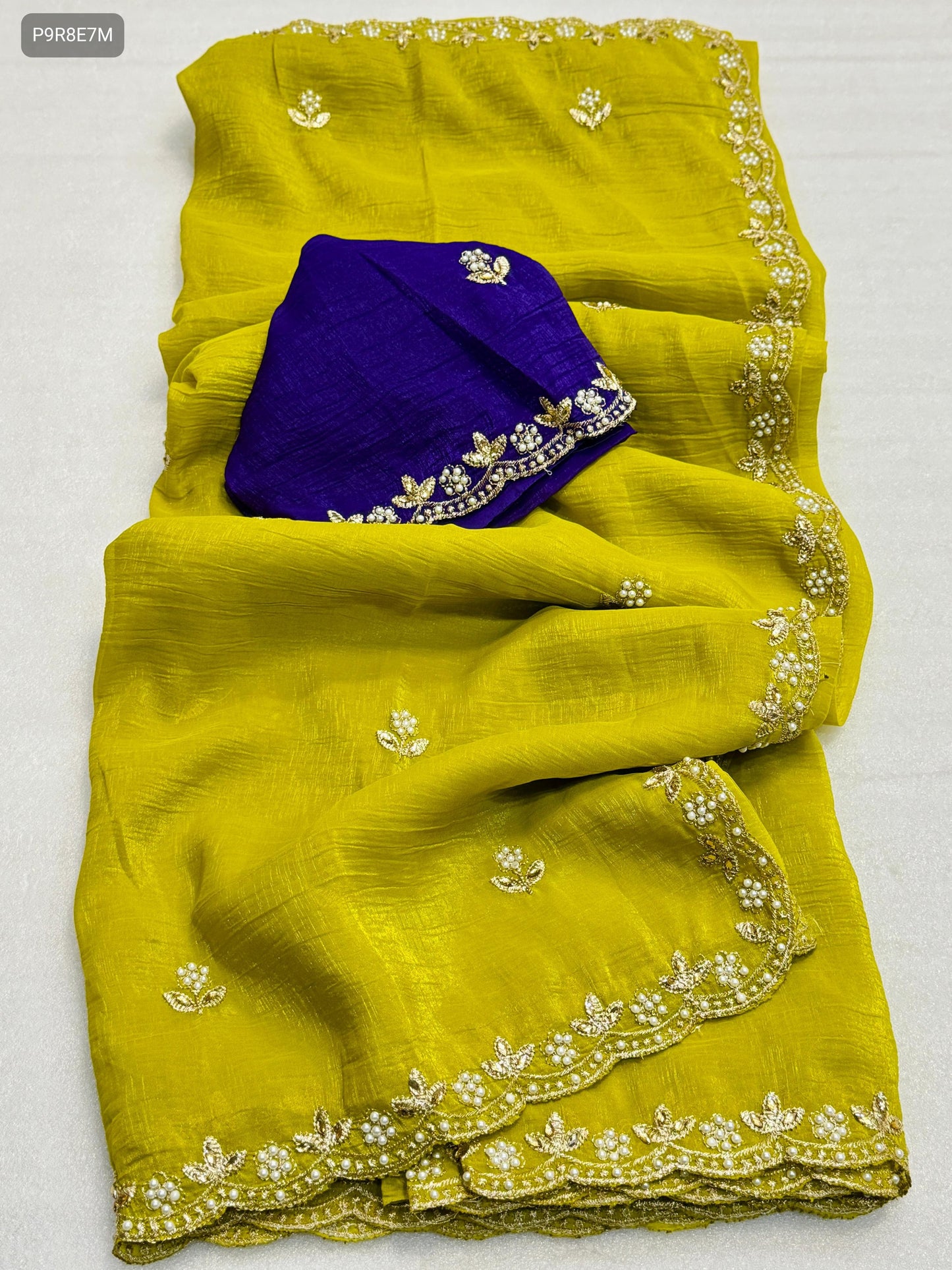 Chiffon Crush Silk Saree with Embroidery, Moti Work & Scalloped Border