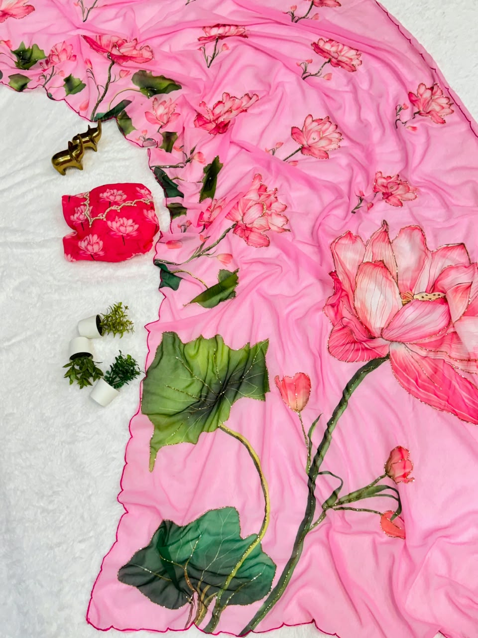 Chiffon Floral Digital Print Saree with Arco Lace Border and Blouse