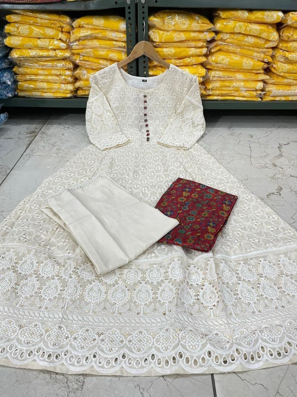 Chikankari Cotton Anarkali Kurti Pant Set with Silk Chanderi Digital Print Dupatta