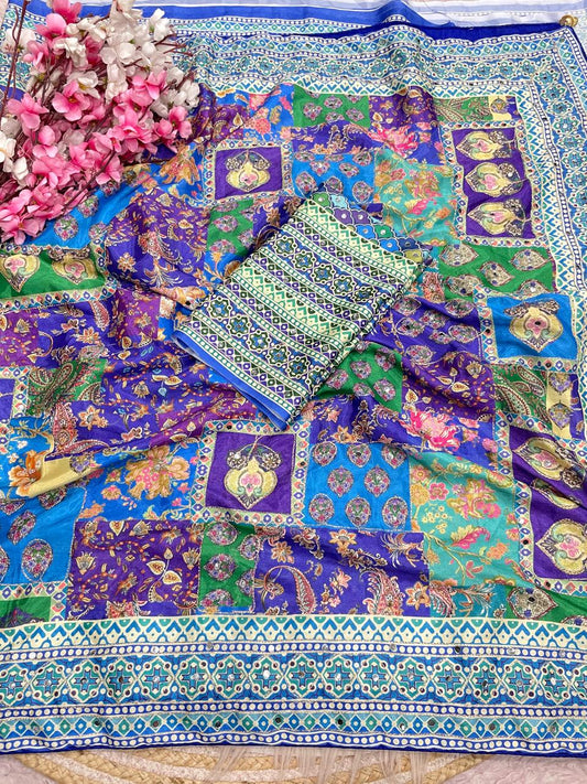 Chinnon Digital Print Saree with Aari & Mirror Work