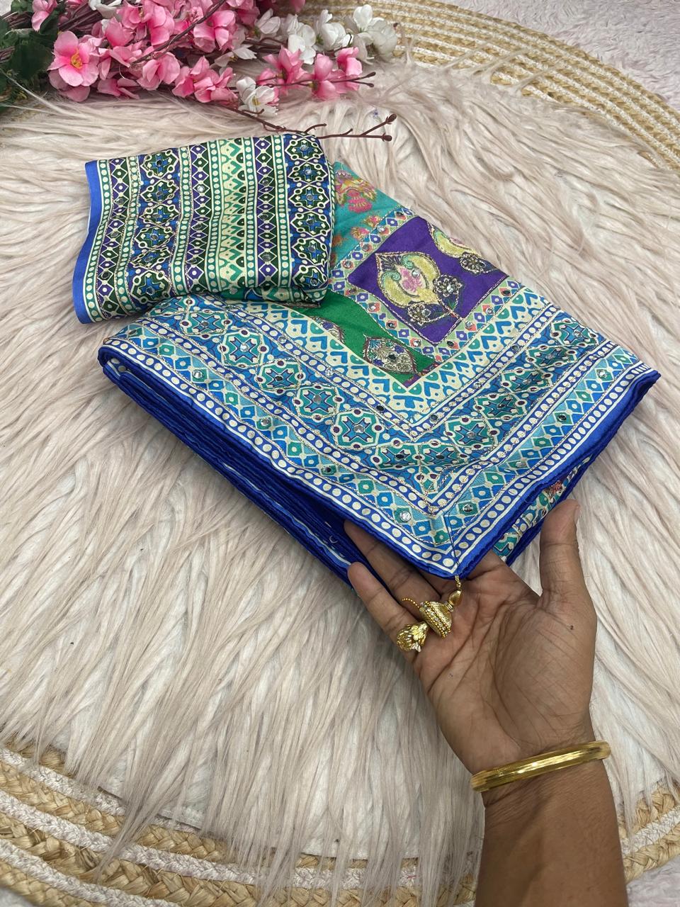 Chinnon Digital Print Saree with Aari & Mirror Work