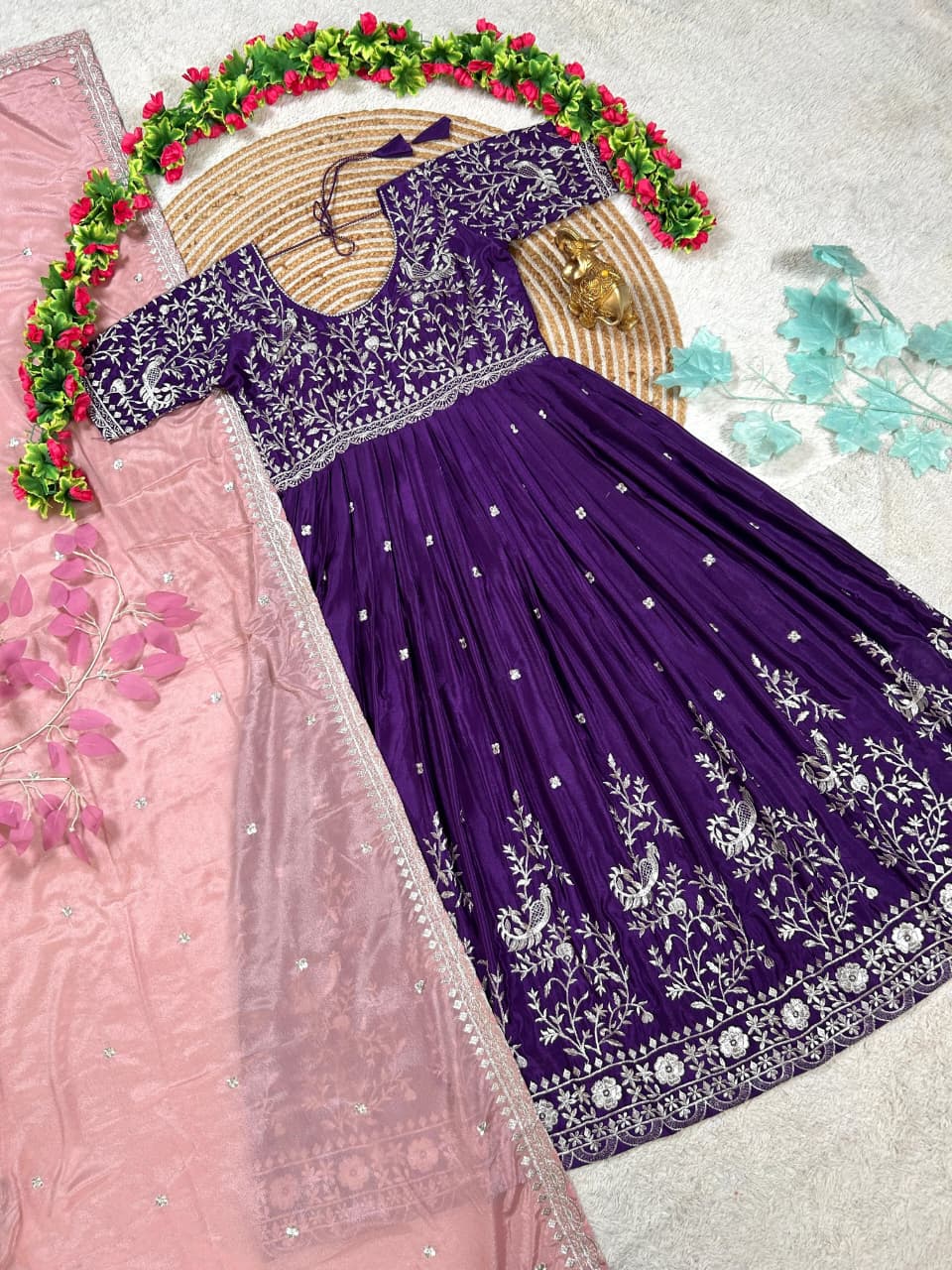 Chinnon Silk Peacock Embroidered Gown with Dupatta