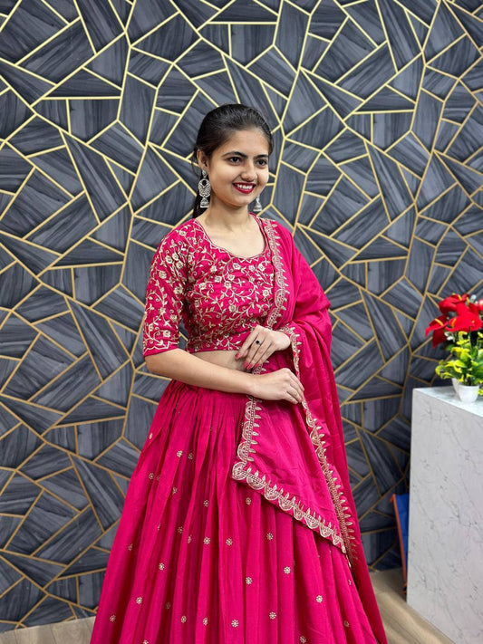 Chinon Embroidered Thread Work Lehenga Choli Set with Dupatta