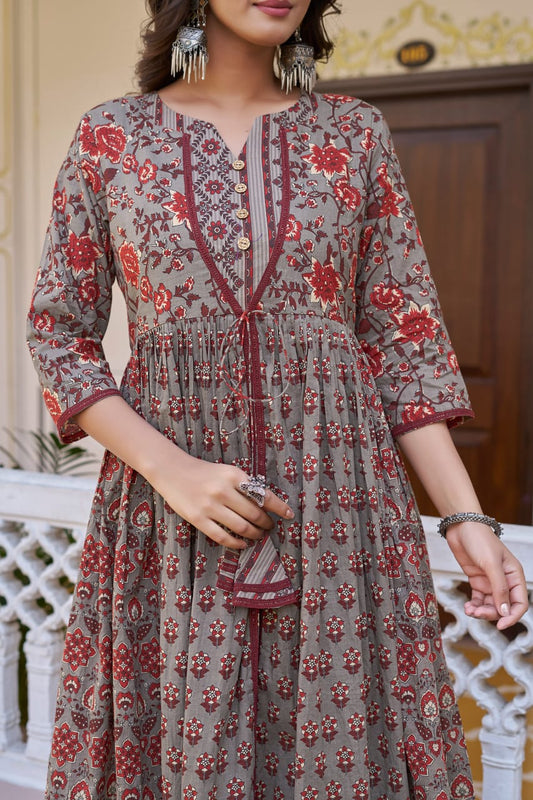 Chocolate Cotton Readymade Kurta with Palazzo Set | Full Sleeve Flared Kurta