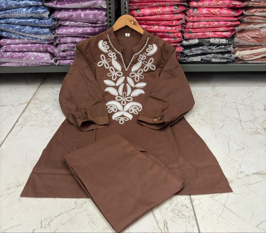 Coffee Cotton Embroidered Co-Ord Set for Women