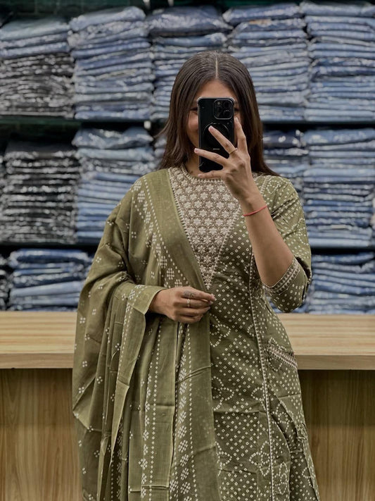 Cotton 3-Piece Set with Embroidery & Printed Dupatta for Women