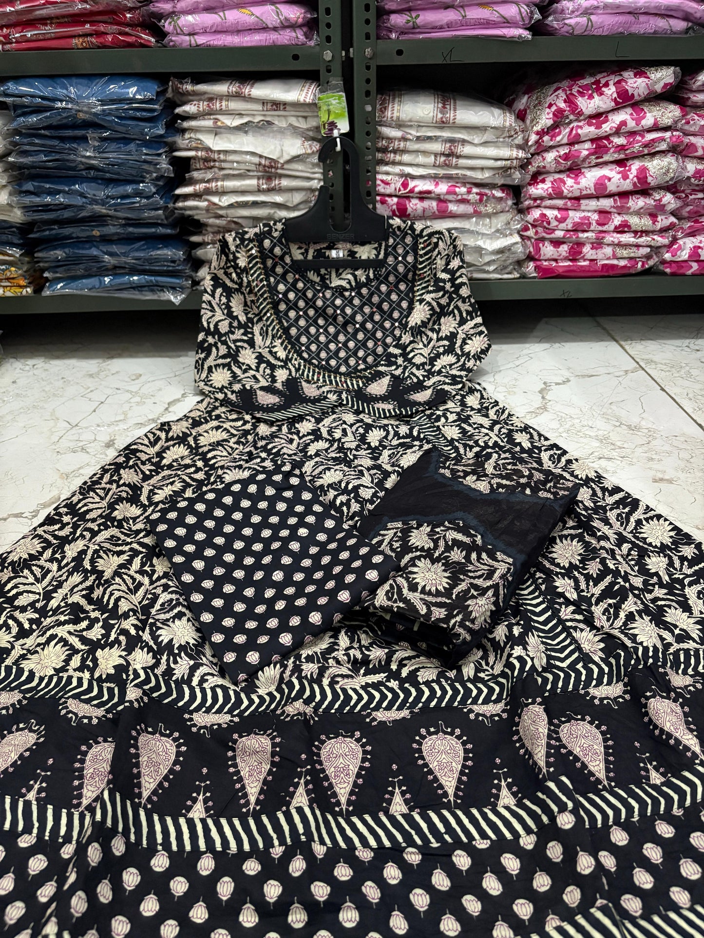 Cotton 3Pc Angrakha Anarkali Suit Set with Tagai & Kardhana Work