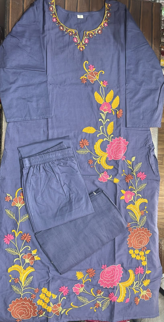 Cotton 60×60 Embroidered Kurti Pant Dupatta Suit Set