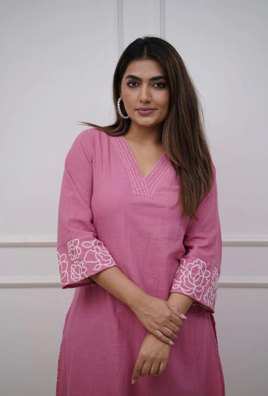 Cotton 60×60 Embroidered Kurti with Pant Set