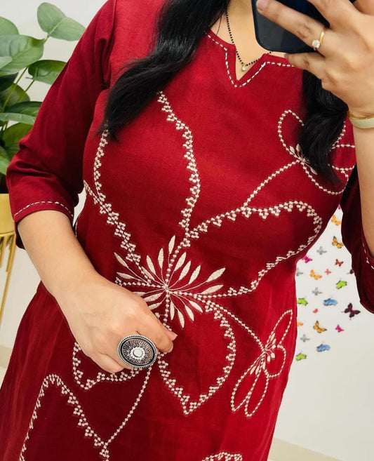 Cotton 60/60 Embroidery Work Kurti with Pant | Fully Stitched Set