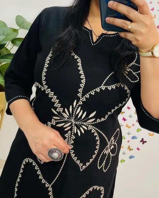 Cotton 60/60 Embroidery Work Kurti with Pant | Fully Stitched Set
