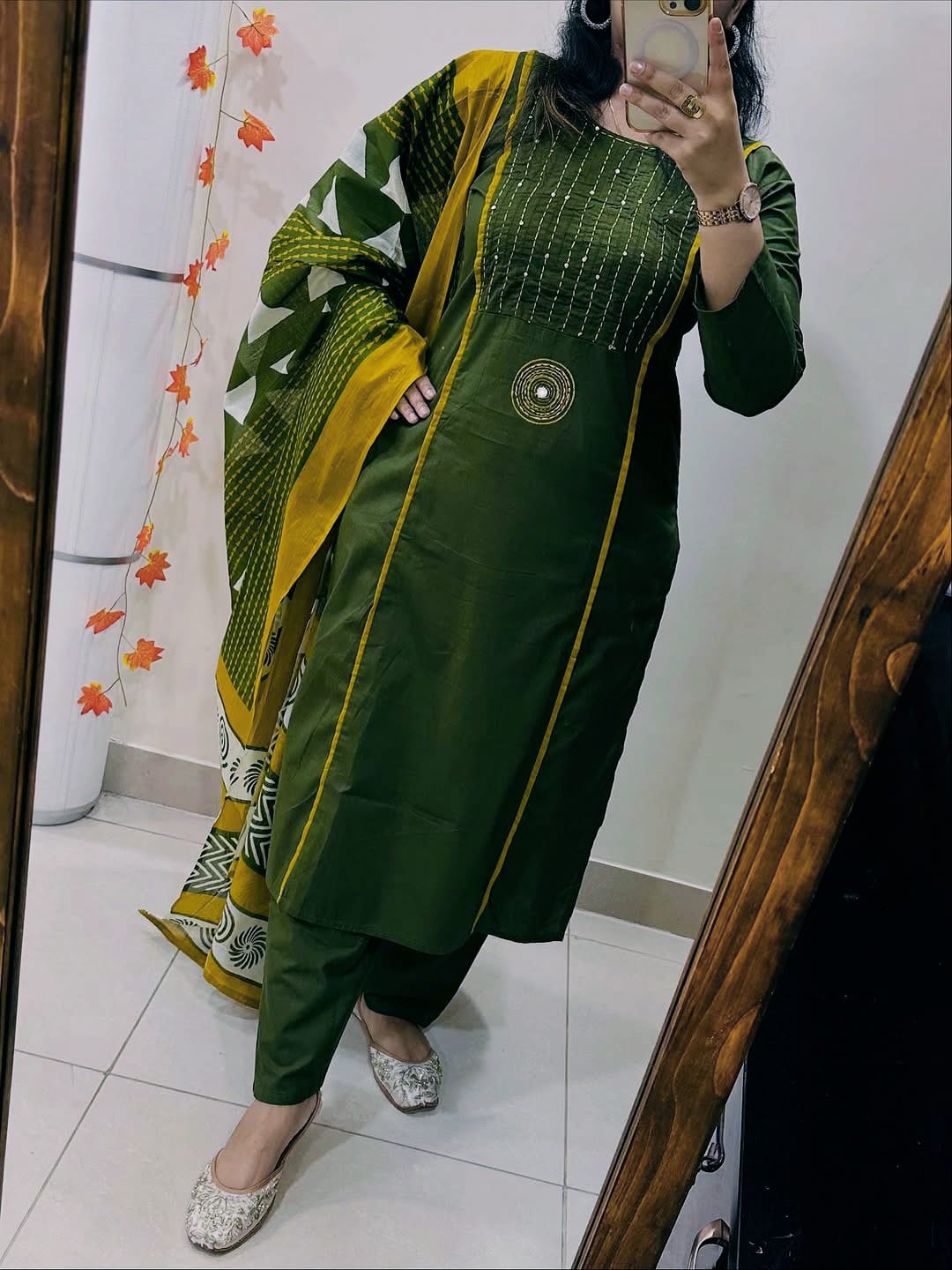 Cotton 60×60 Pintex & Katha Work Kurti with Pant Dupatta Set