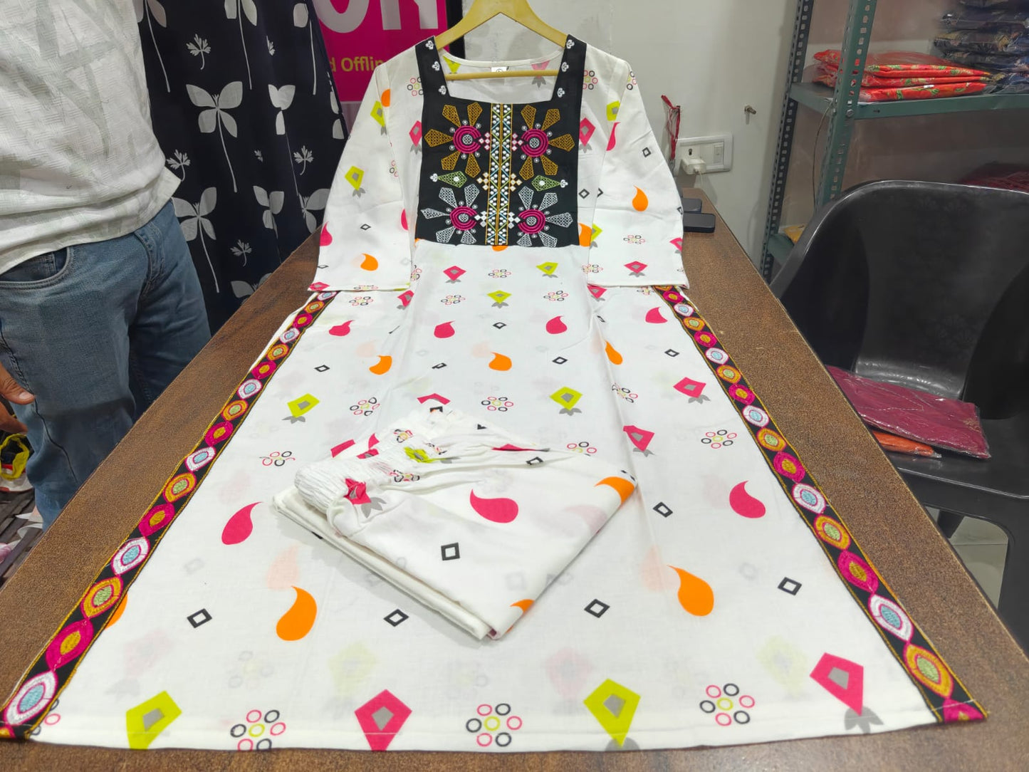 Cotton 60/60 Straight Kurti with Palazzo Set | Embroidered Yoke | 2-Piece