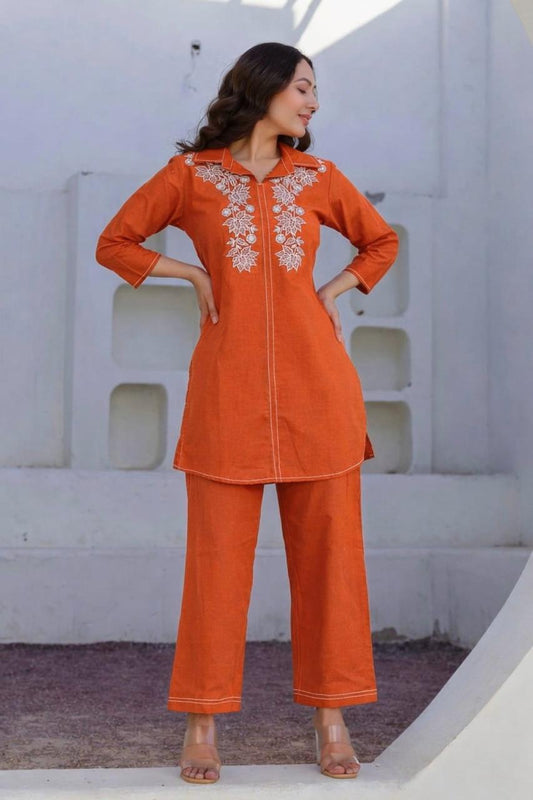 Cotton 60x60 Embroidered Co-Ord Set with Pant Pocket