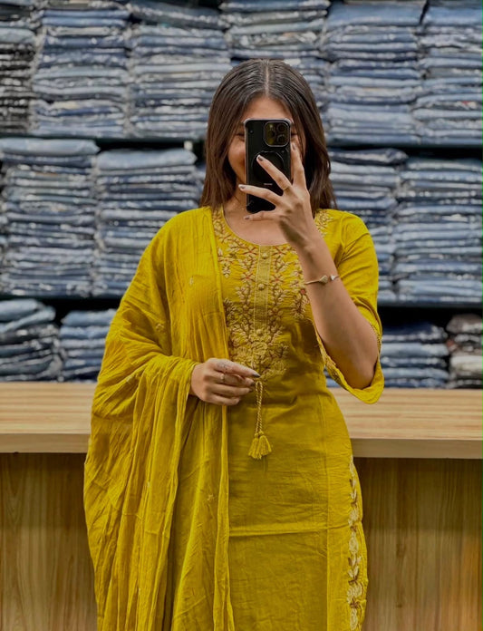 Cotton 60x60 Embroidered Kurti Pant & Dupatta Set