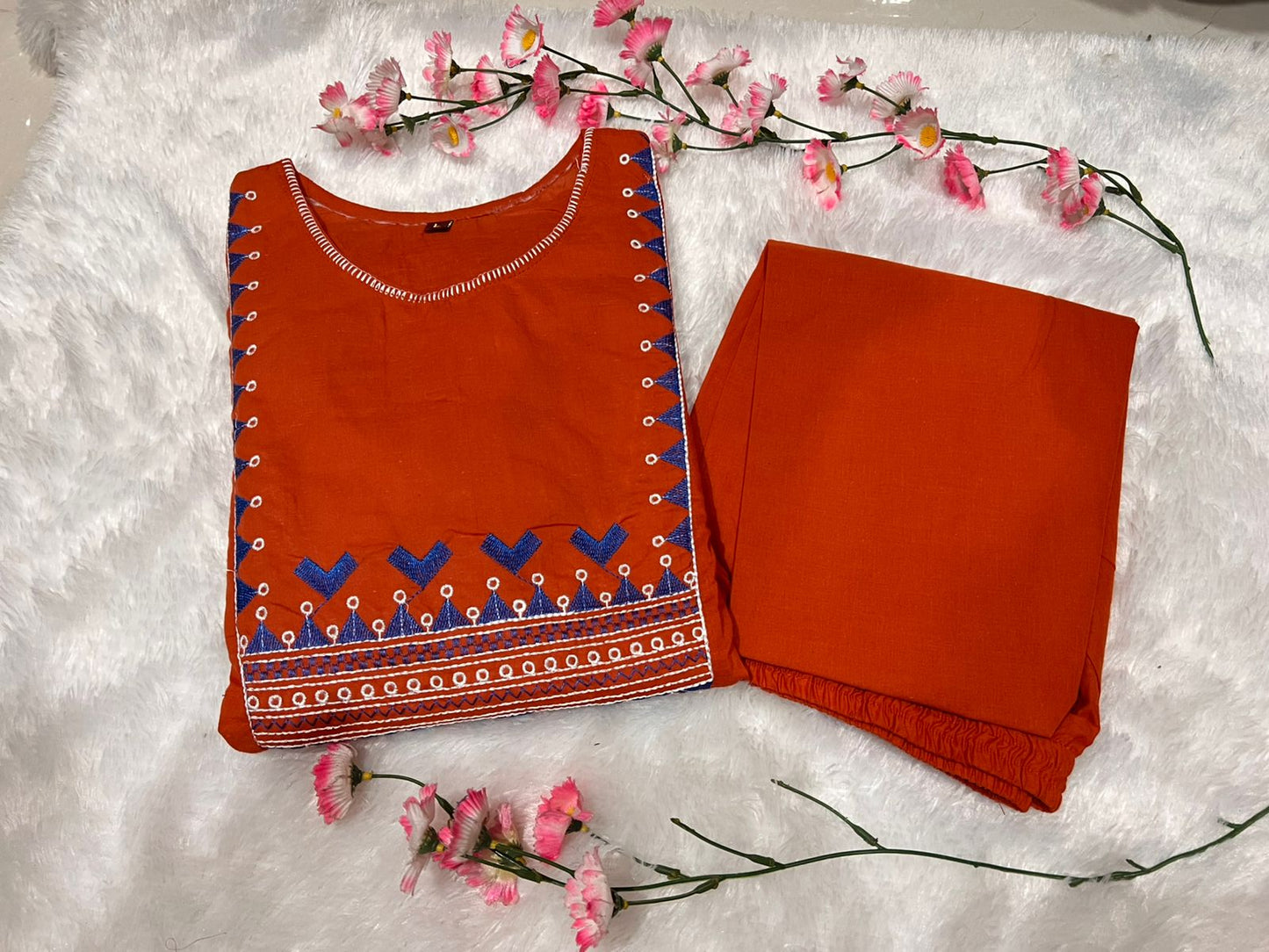 Cotton 60x60 Embroidered Kurti Pant Set with Pockets