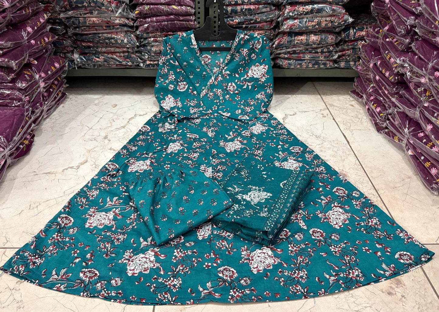 Cotton 60x60 Procin Print Angrakha Anarkali Kurti Set with Pant & Malmal Dupatta – Cotton Suit for Women