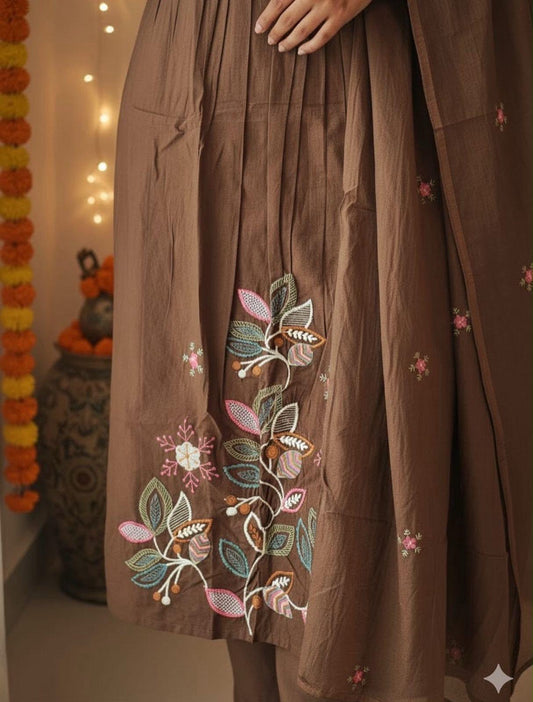Cotton A-Line Embroidered Suit Set with Pintex Kurta & Dupatta