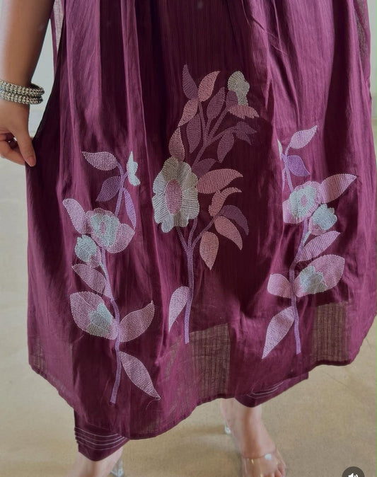 Cotton A-Line Kurta Pant Dupatta Set with Cross Stitch Embroidery