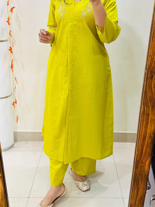 Cotton A-Line Kurti Palazzo Co-ord Set with Moti & Aari Work