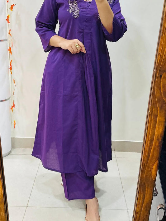 Cotton A-Line Kurti Palazzo Co-ord Set with Moti & Aari Work