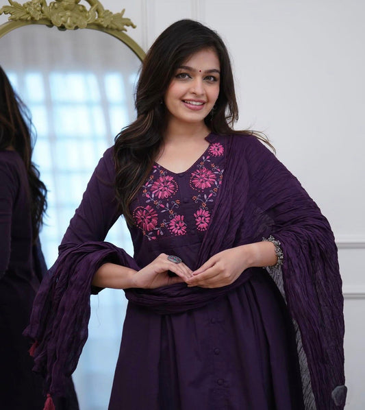 Cotton A-Line Kurti Set with Embroidered Yoke & Mal Mal Dupatta