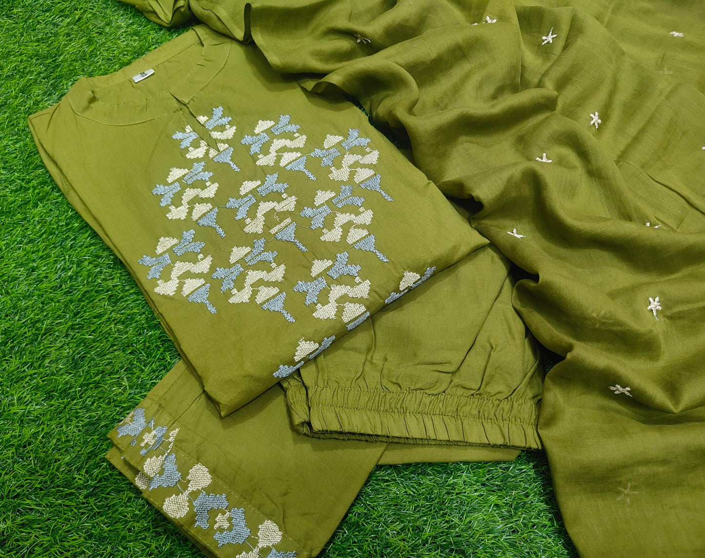 Cotton Aline Kurta Set with Embroidery & Dupatta