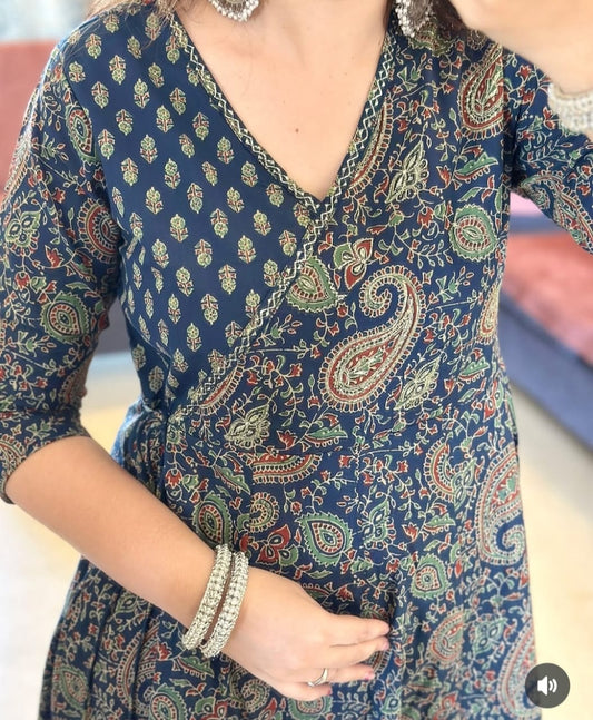 Cotton Anarkali Kurta Set with Angrakha Style & Tassel Detail - Includes Pant & Dupatta