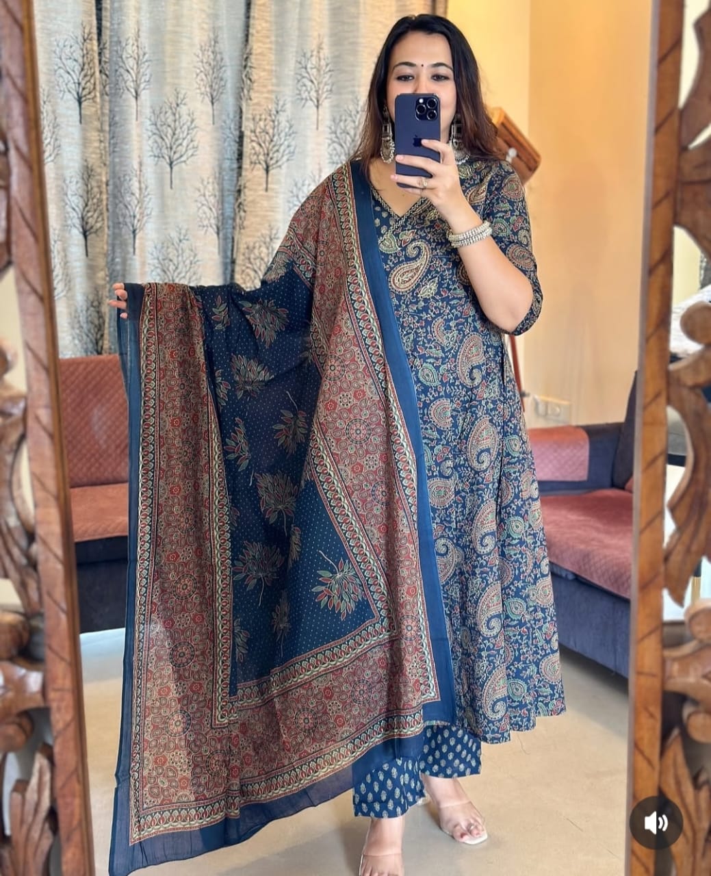 Cotton Anarkali Kurta Set with Angrakha Style & Tassel Detail - Includes Pant & Dupatta