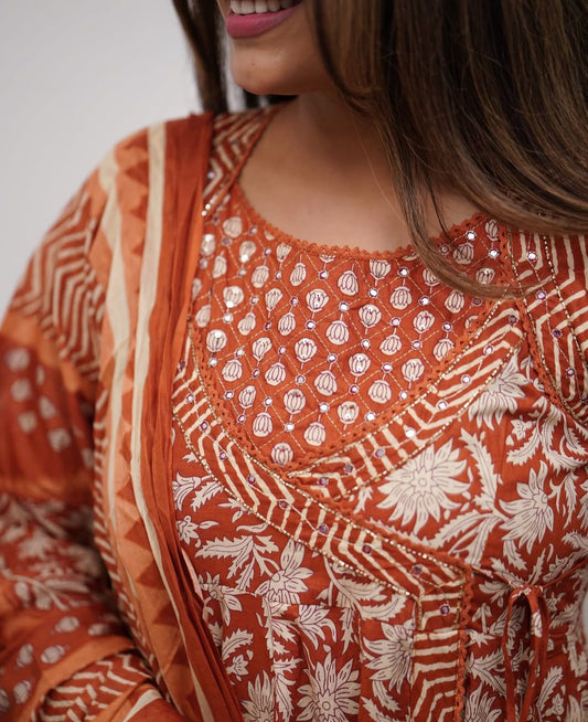 Cotton Angrakha Anarkali Kurti Set with Tagai & Kardhana Work, Printed Malmal Dupatta – 3 Piece Suit Set