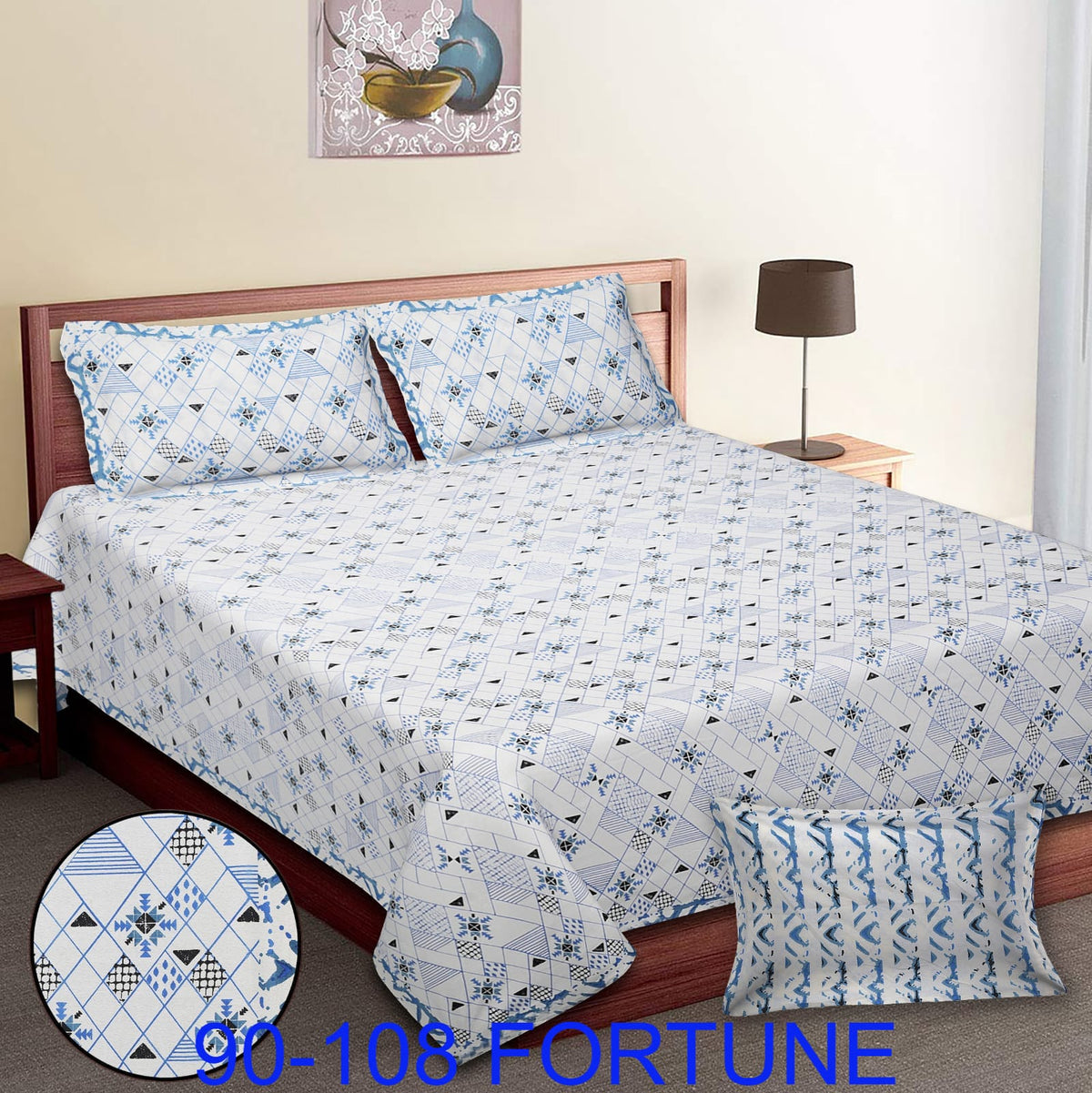 Cotton Autoloom Bedsheet with 2 Chain Pillow Covers – 90×108 Inch
