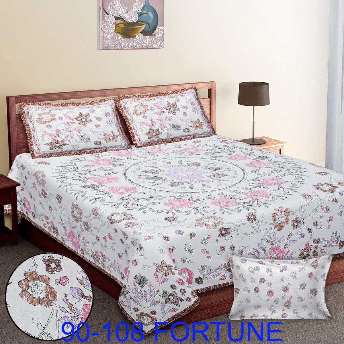 Cotton Autoloom Bedsheet with 2 Chain Pillow Covers – 90×108 Inch