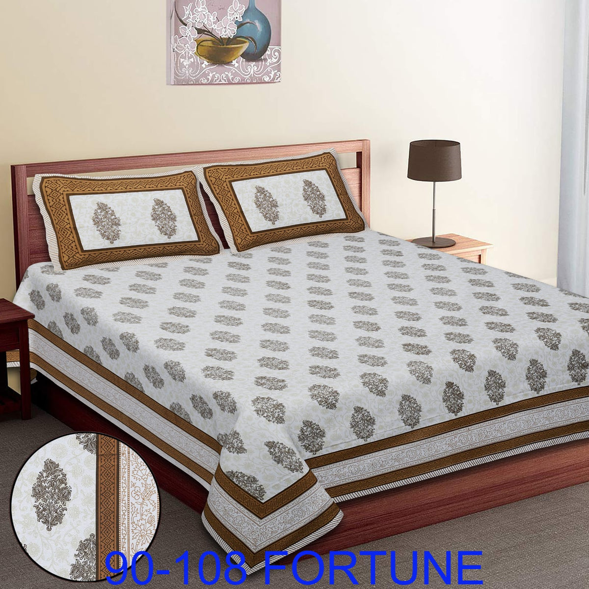 Cotton Autoloom Bedsheet with 2 Chain Pillow Covers – 90×108 Inch