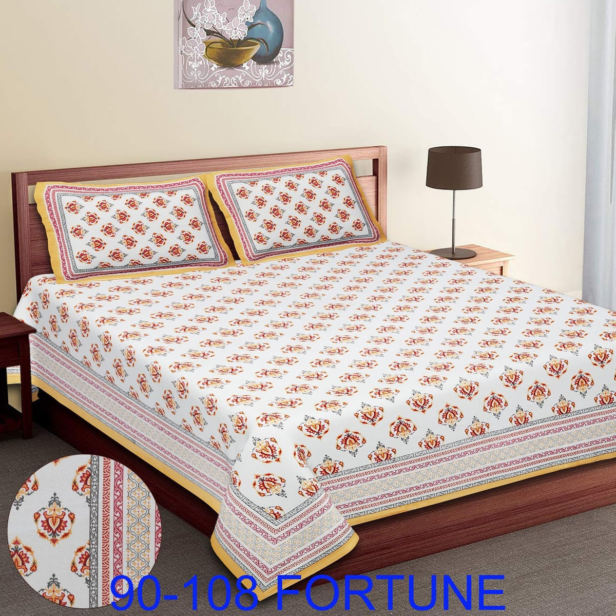 Cotton Autoloom Bedsheet with 2 Chain Pillow Covers – 90×108 Inch