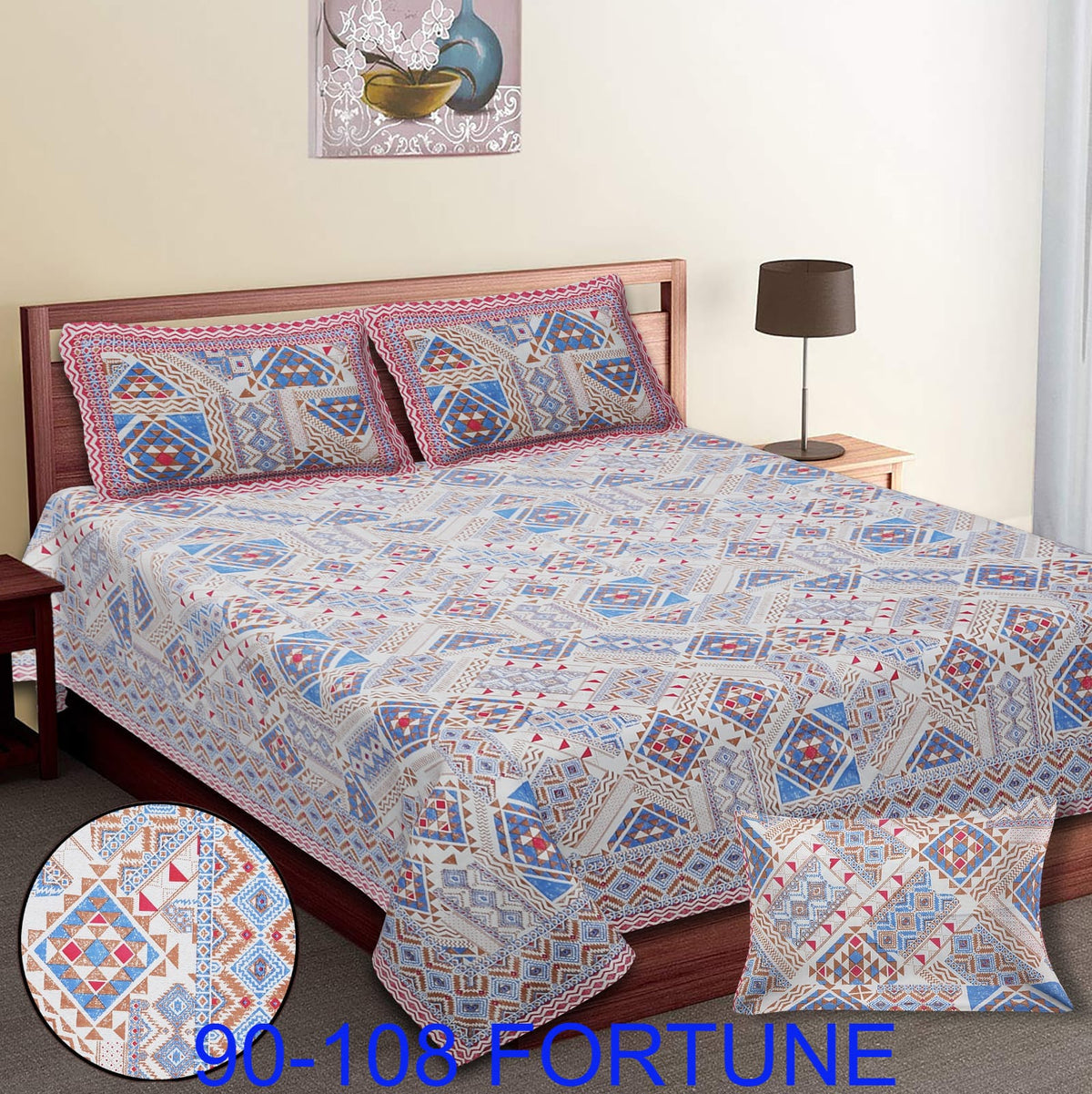 Cotton Autoloom Bedsheet with 2 Chain Pillow Covers – 90×108 Inch