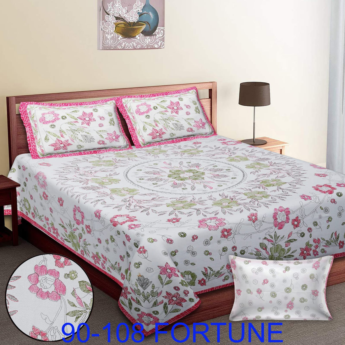 Cotton Autoloom Bedsheet with 2 Chain Pillow Covers – 90×108 Inch