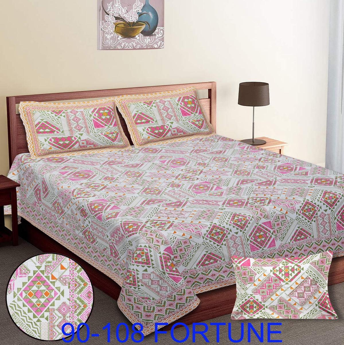 Cotton Autoloom Bedsheet with 2 Chain Pillow Covers – 90×108 Inch