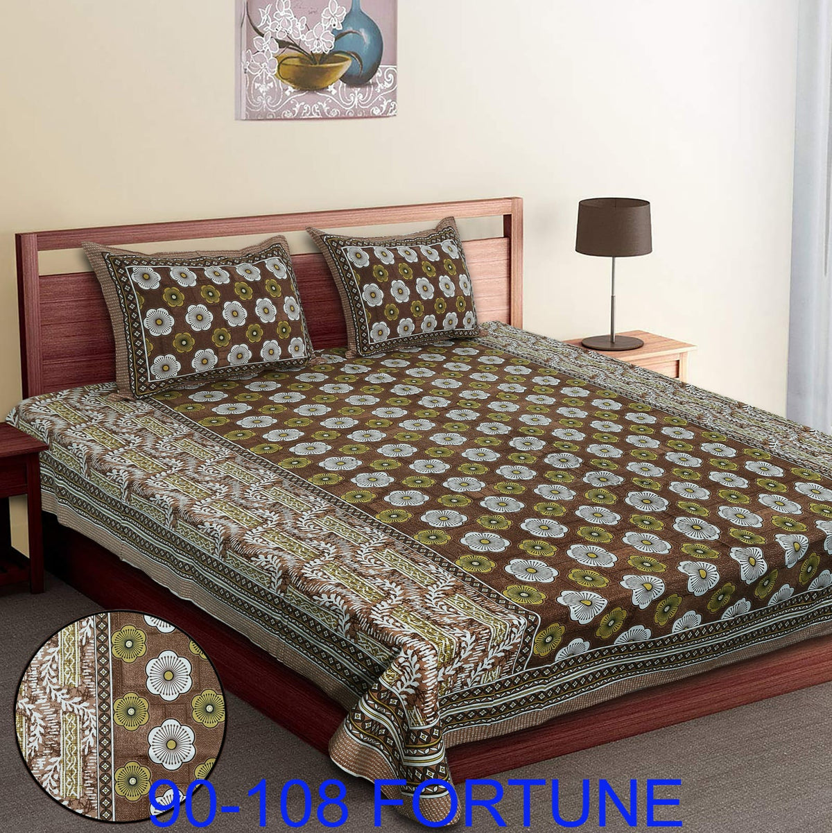 Cotton Autoloom Bedsheet with 2 Chain Pillow Covers – 90×108 Inch