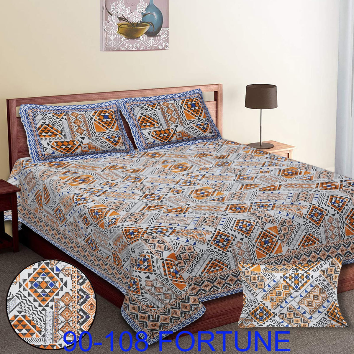 Cotton Autoloom Bedsheet with 2 Chain Pillow Covers – 90×108 Inch