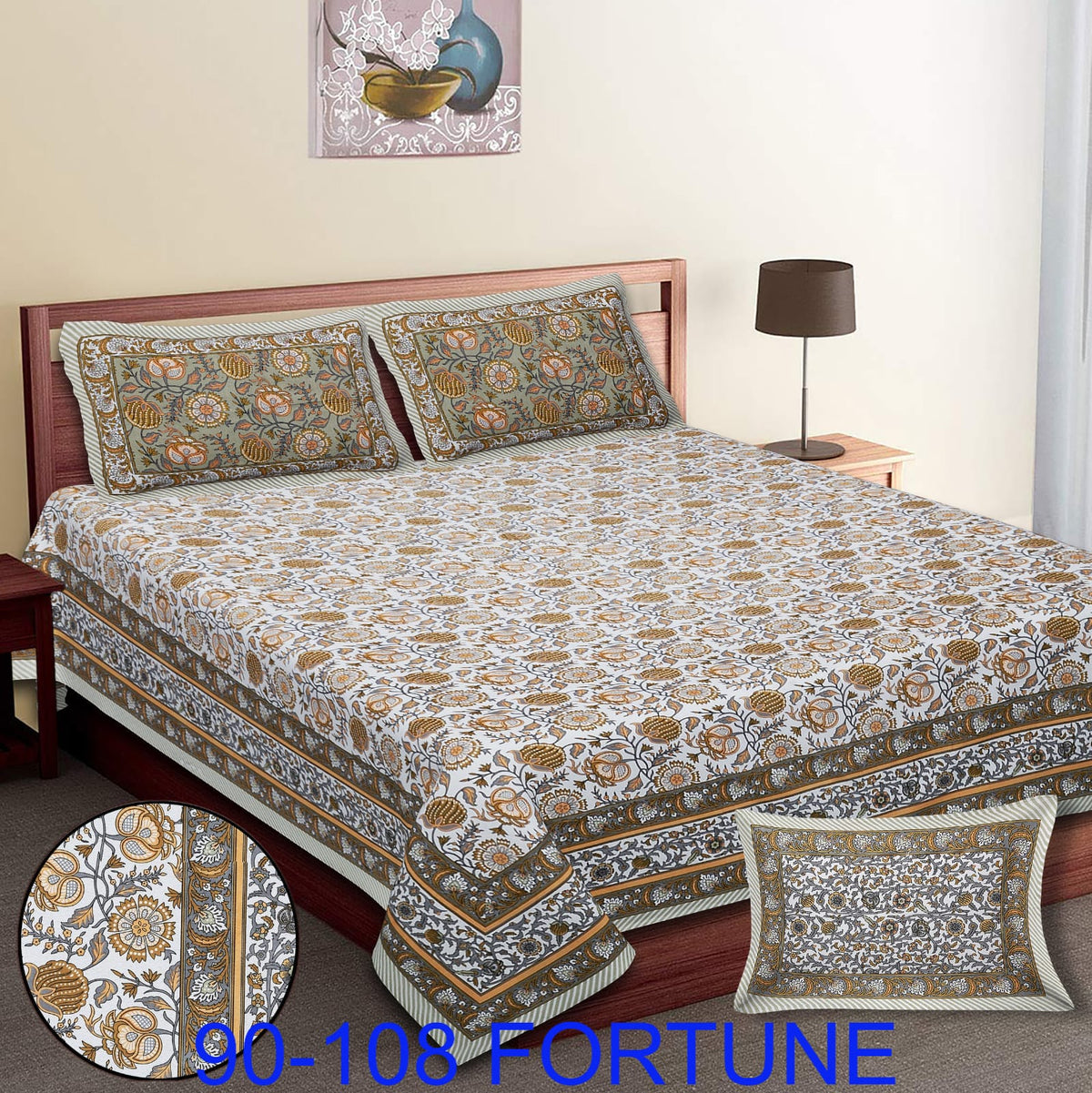 Cotton Autoloom Bedsheet with 2 Chain Pillow Covers – 90×108 Inch