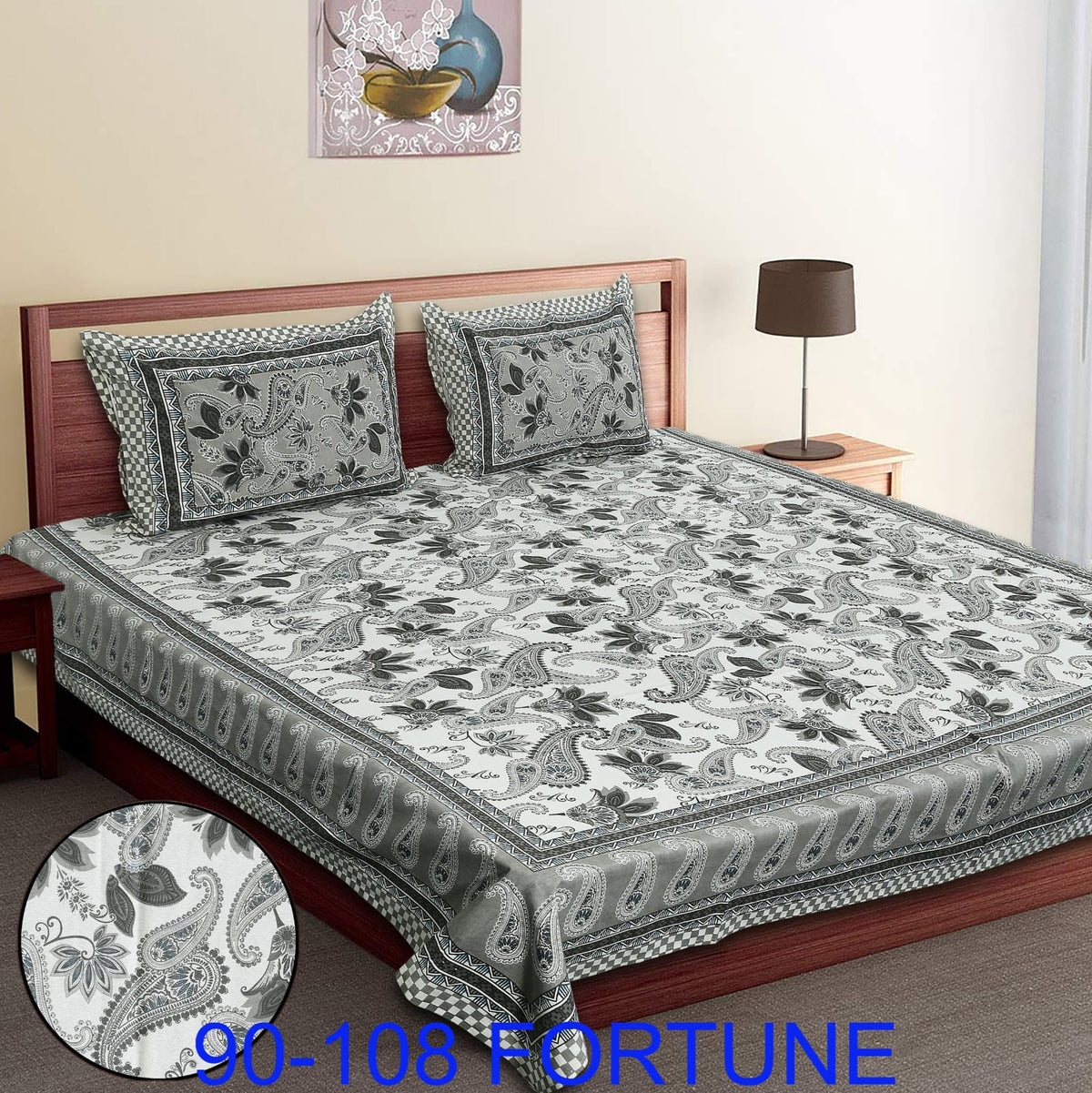Cotton Autoloom Bedsheet with 2 Chain Pillow Covers – 90×108 Inch