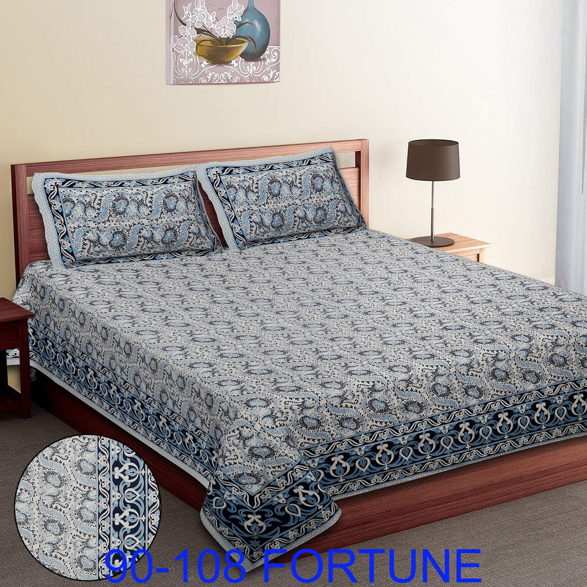 Cotton Autoloom Bedsheet with 2 Chain Pillow Covers – 90×108 Inch