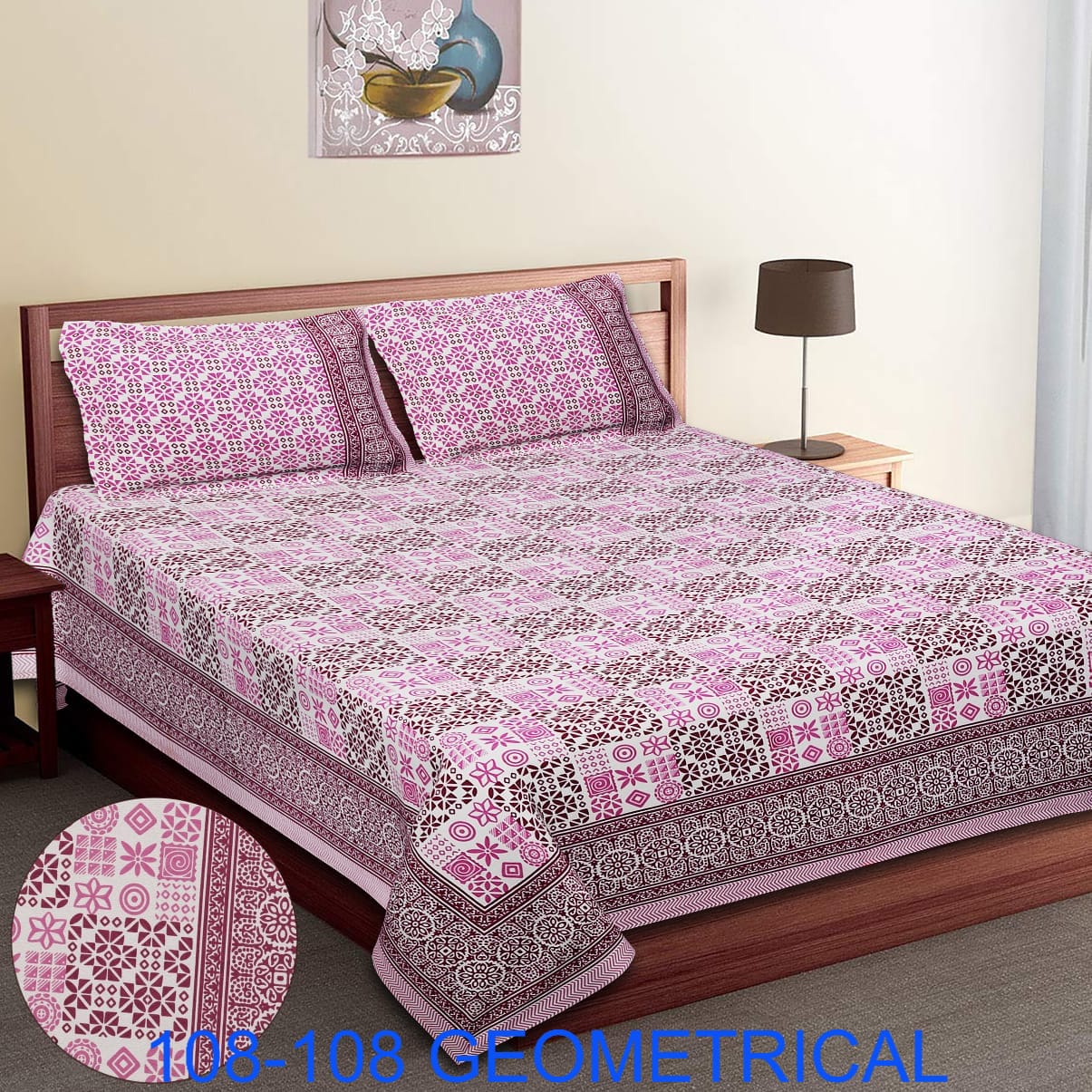 Cotton Autoloom King Size Bedsheet 108×108 with 2 Zipper Pillow Covers