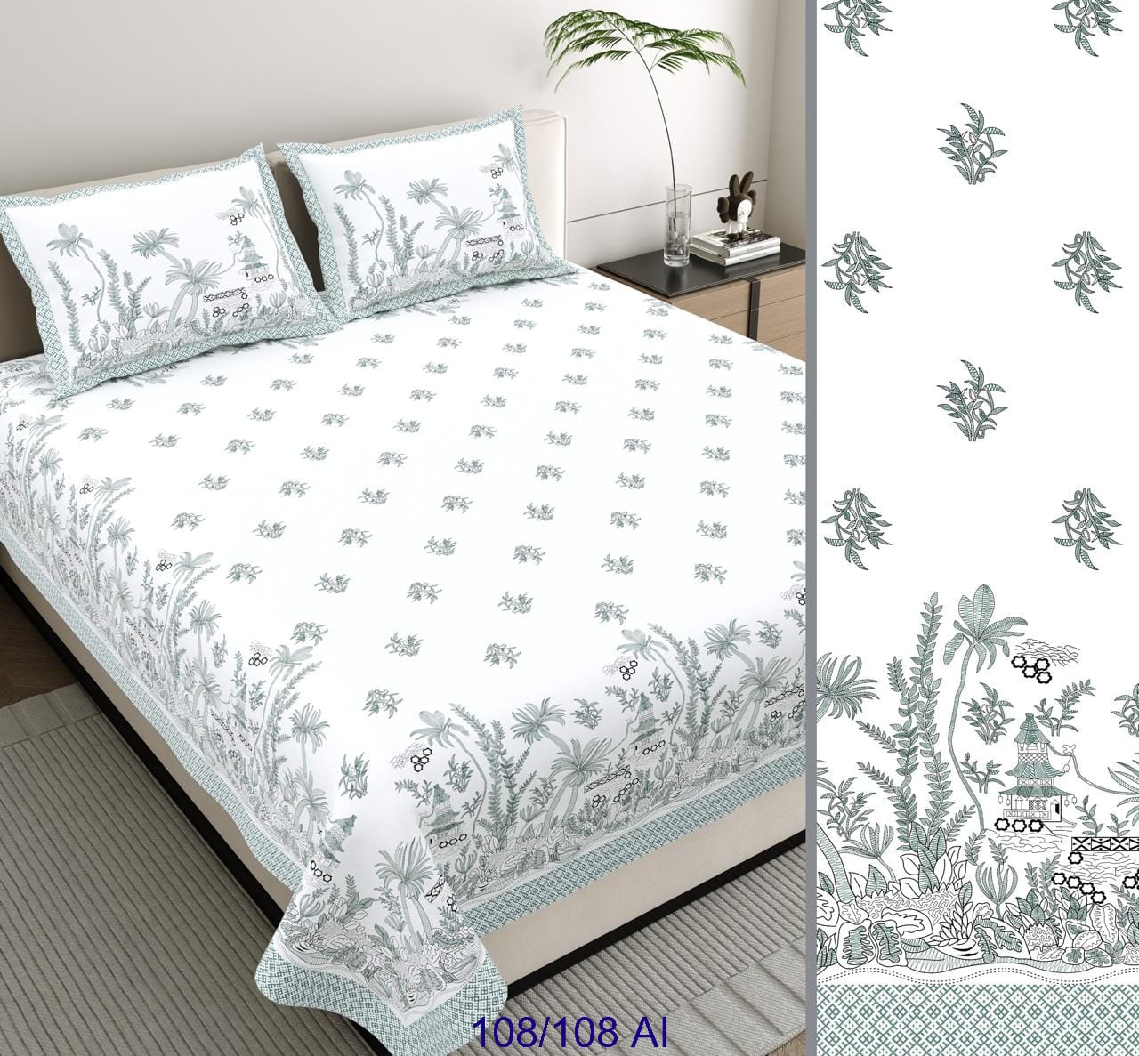 Cotton Autoloom King Size Bedsheet with 2 Flap Pillow Covers – 108×108 Inches