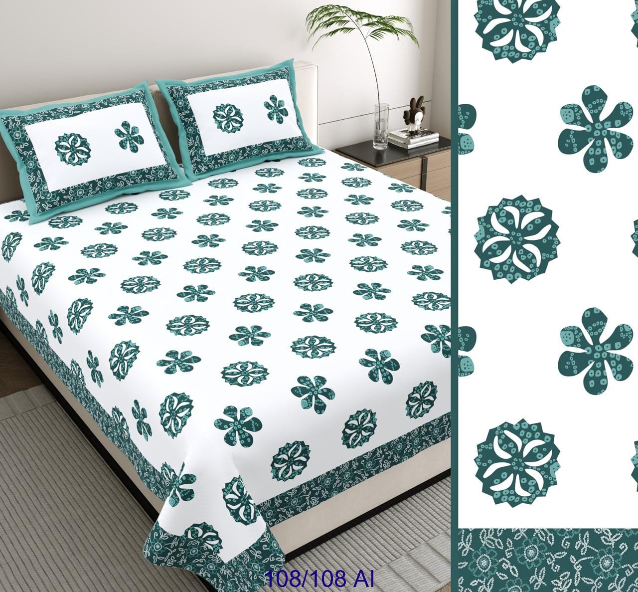 Cotton Autoloom King Size Bedsheet with 2 Flap Pillow Covers – 108×108 Inches