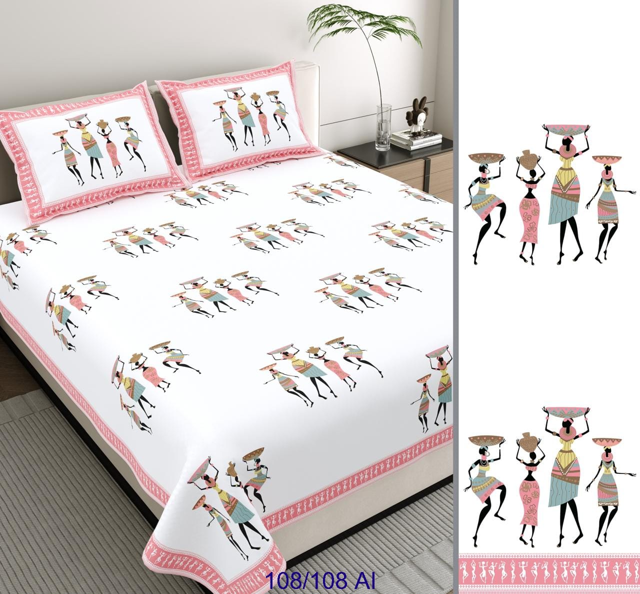 Cotton Autoloom King Size Bedsheet with 2 Flap Pillow Covers – 108×108 Inches