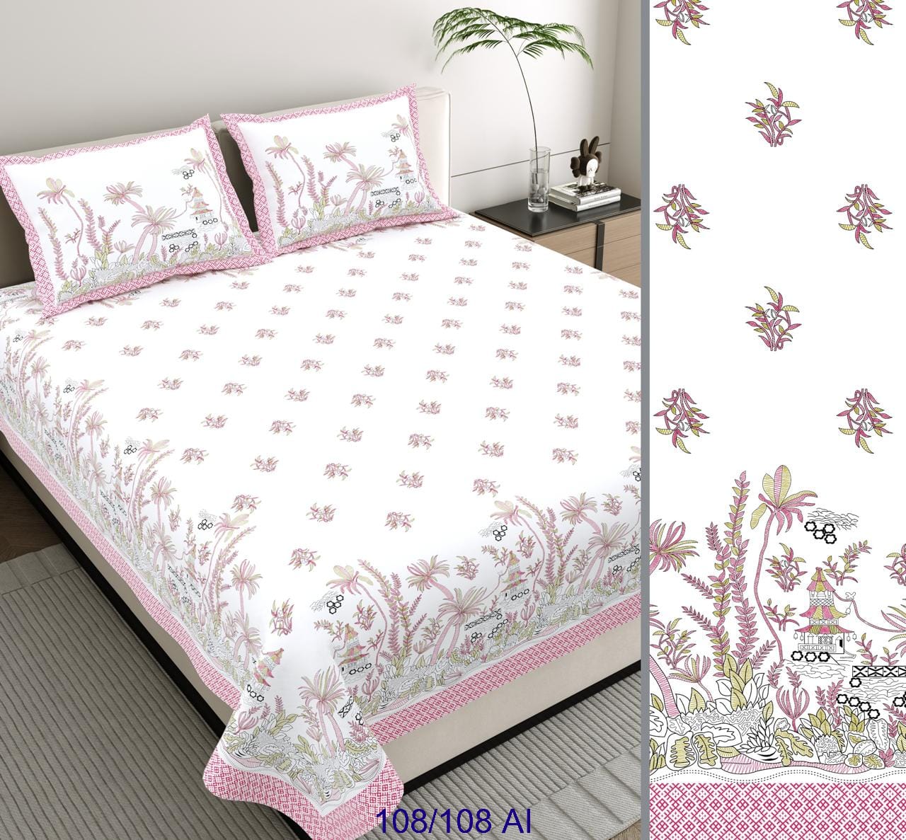 Cotton Autoloom King Size Bedsheet with 2 Flap Pillow Covers – 108×108 Inches