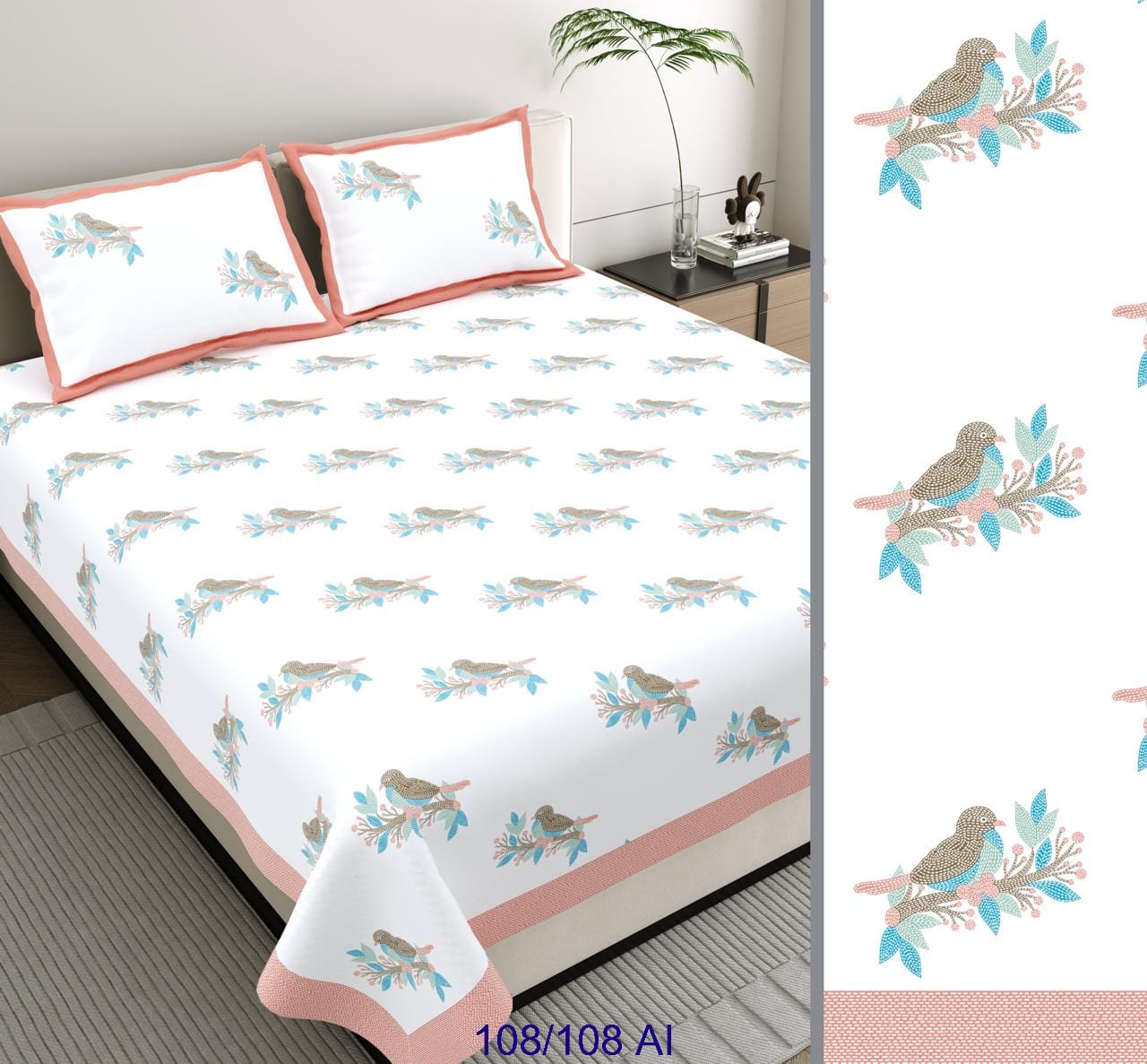 Cotton Autoloom King Size Bedsheet with 2 Flap Pillow Covers – 108×108 Inches