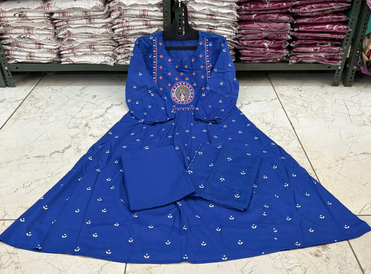 Cotton Bandhej Print Embroidered Anarkali Suit Set with Printed Malmal Dupatta – 3-Piece Set